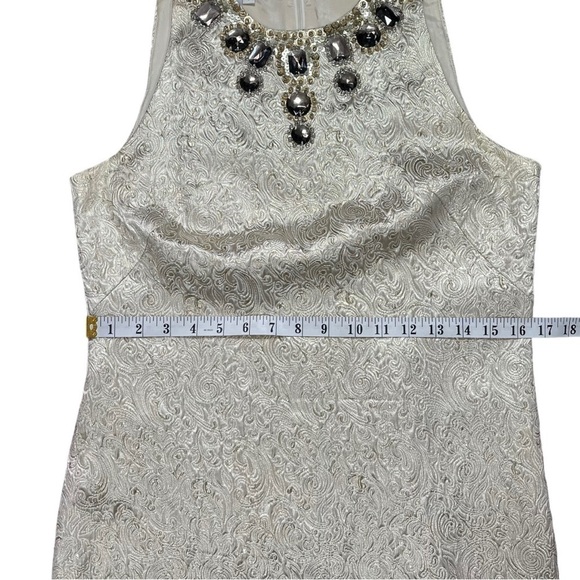 Maggy London Metallic Gold and Cream Jacquard Weave Embellished Shift Dress sz 6 - Picture 10 of 15